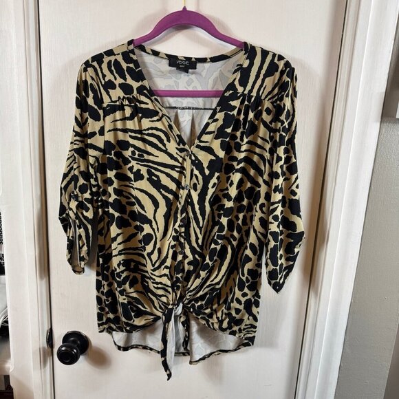 Verve tiger print v-neck 1/2 sleeve blouse with tie waist. Size large - Picture 1 of 7